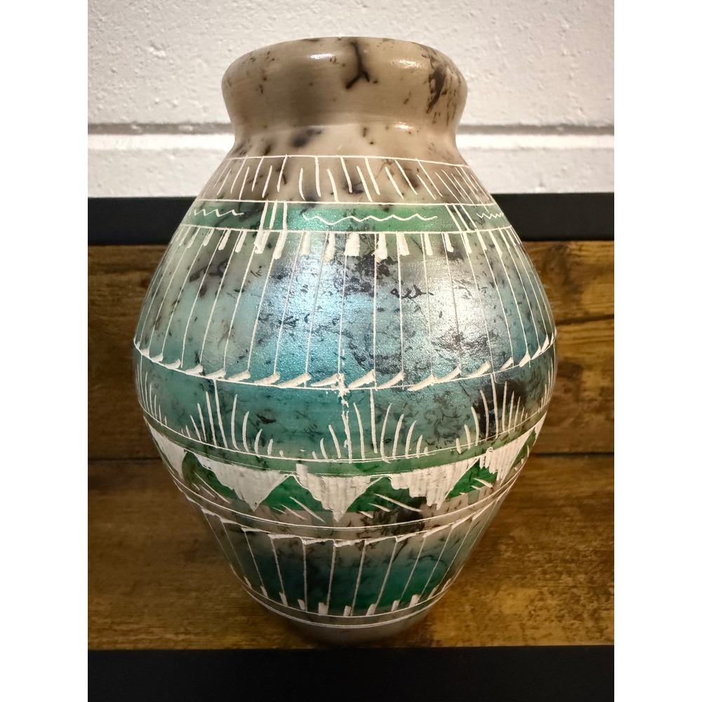 Whiteyock Navajo Hand Etched Pottery Vase Turquoise Green Sgraffito 6.5in